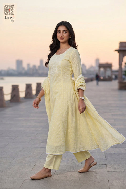 Vanilla Lattice Buti Round Neck Anarkali