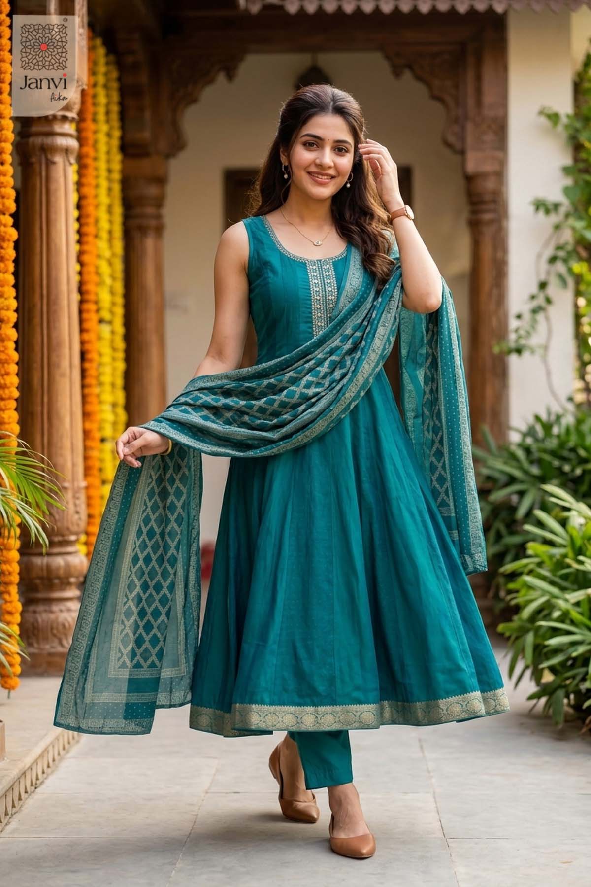 Ramar green sleeveless long anarkali dress with dupatta and golden zari borders.