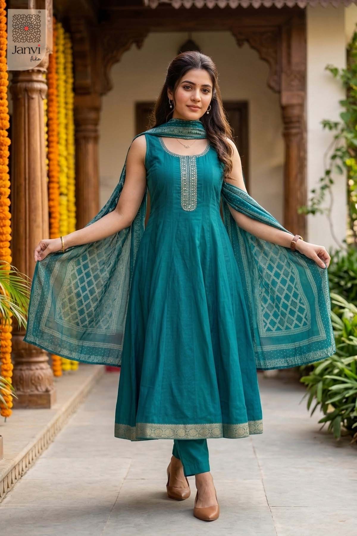 Front view of a sleeveless ramar green festive georgette anarkali dress with zari.