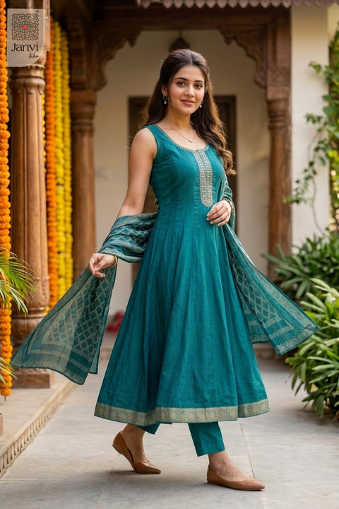 Sequence standing pose in a sleeveless ramar green georgette anarkali kurti set.