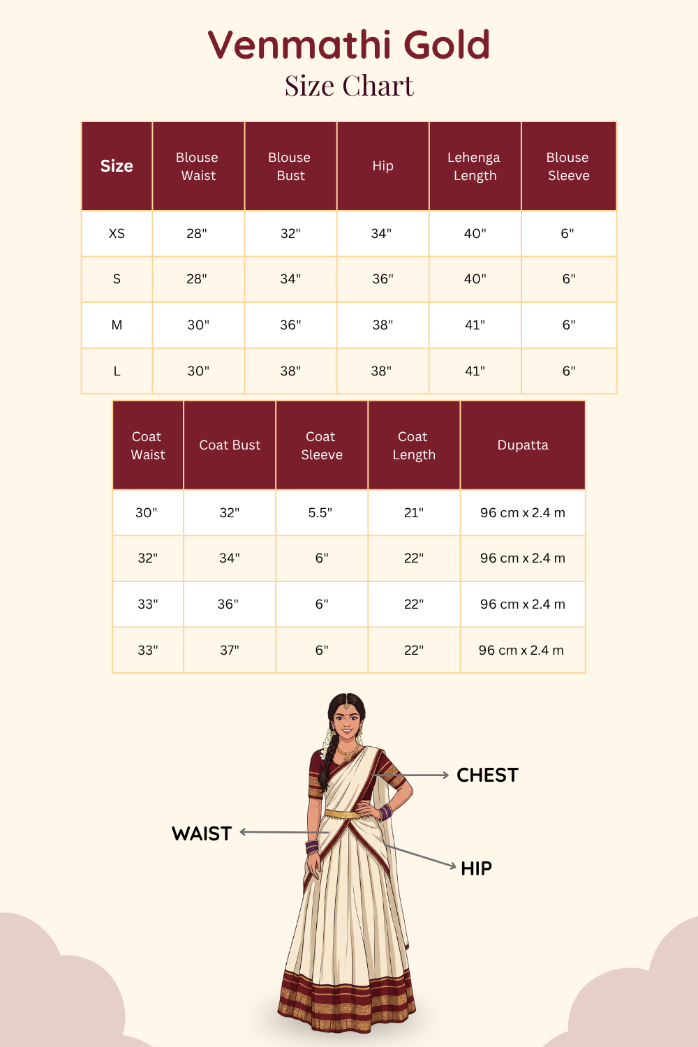 Official size chart and sizing guide for Venmathi Gold half saree lehenga collection.