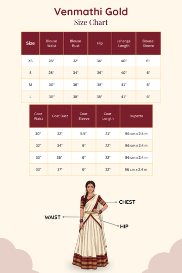 Official size chart and sizing guide for Venmathi Gold half saree lehenga collection.