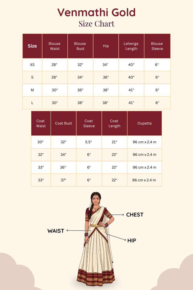 Official size chart and sizing guide for Venmathi Gold half saree lehenga collection.