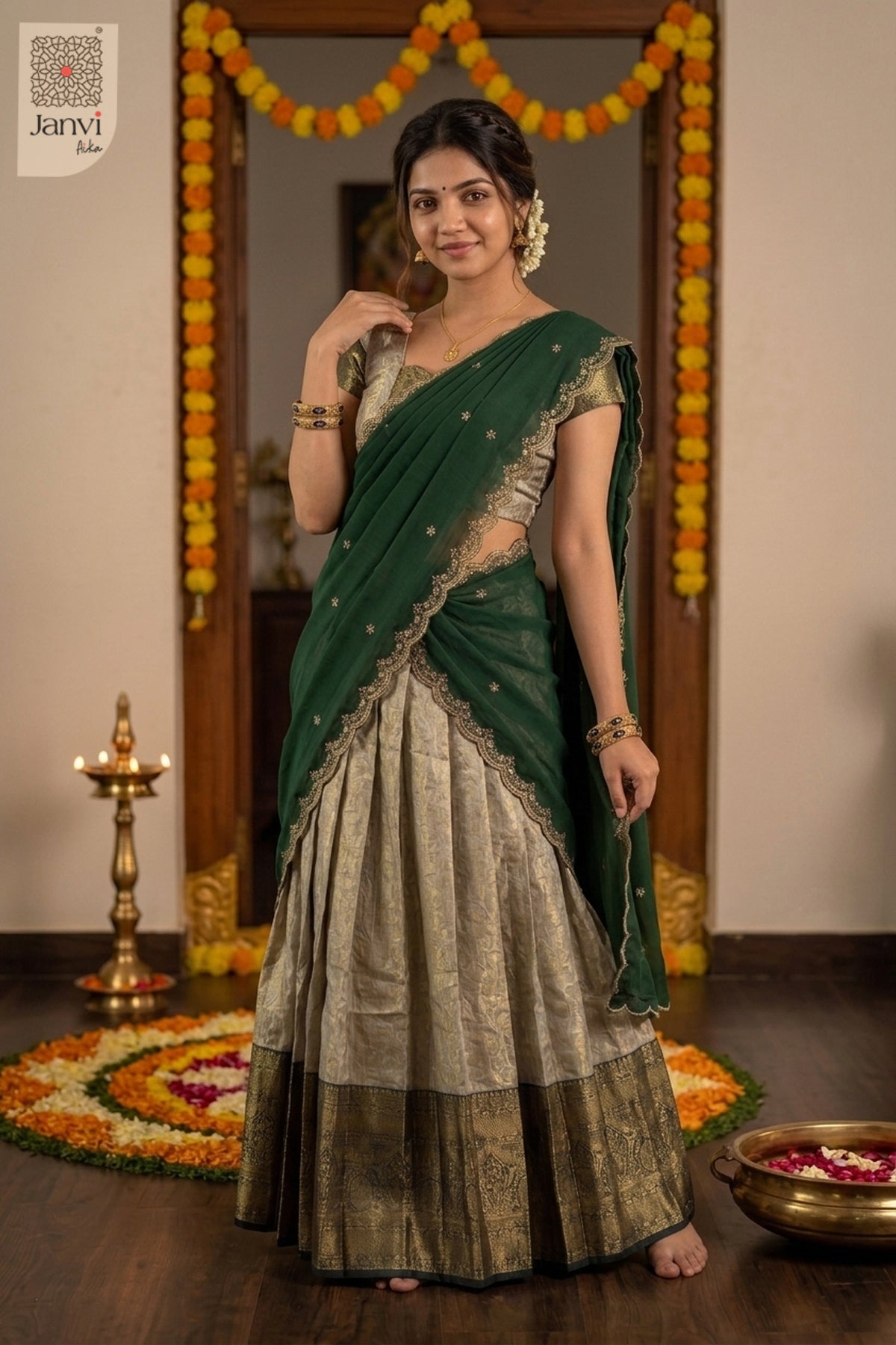 Shimmering champagne gold lehenga saree paired with dark emerald green dhavani drape.