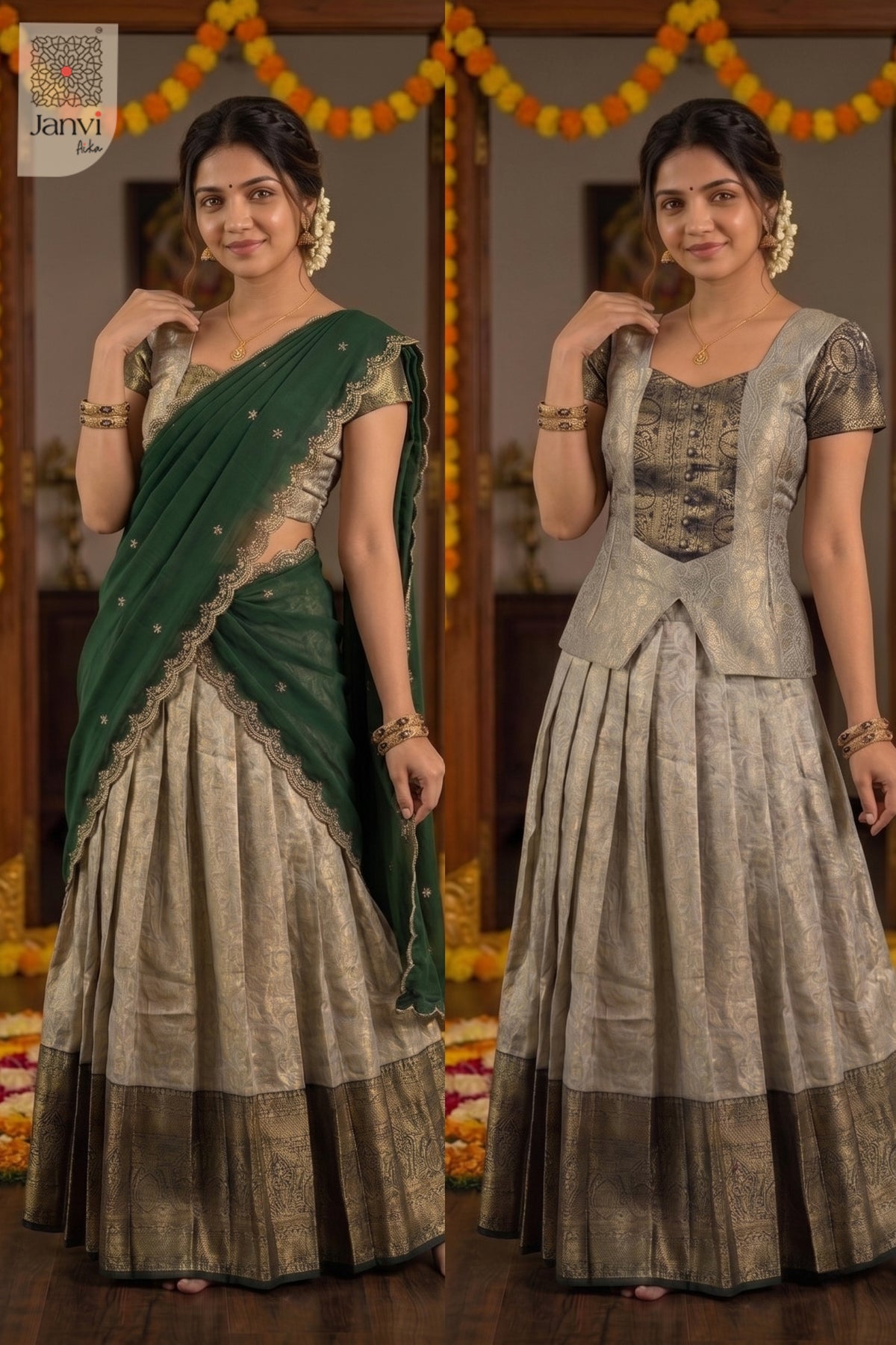 Side by side collage comparing two distinct styling looks of the latest lehenga saree.