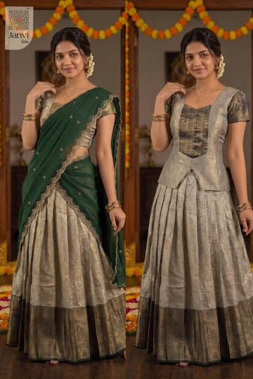 Side by side collage comparing two distinct styling looks of the latest lehenga saree.