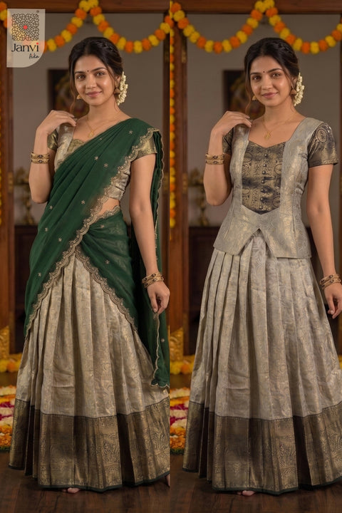 Side by side collage comparing two distinct styling looks of the latest lehenga saree.