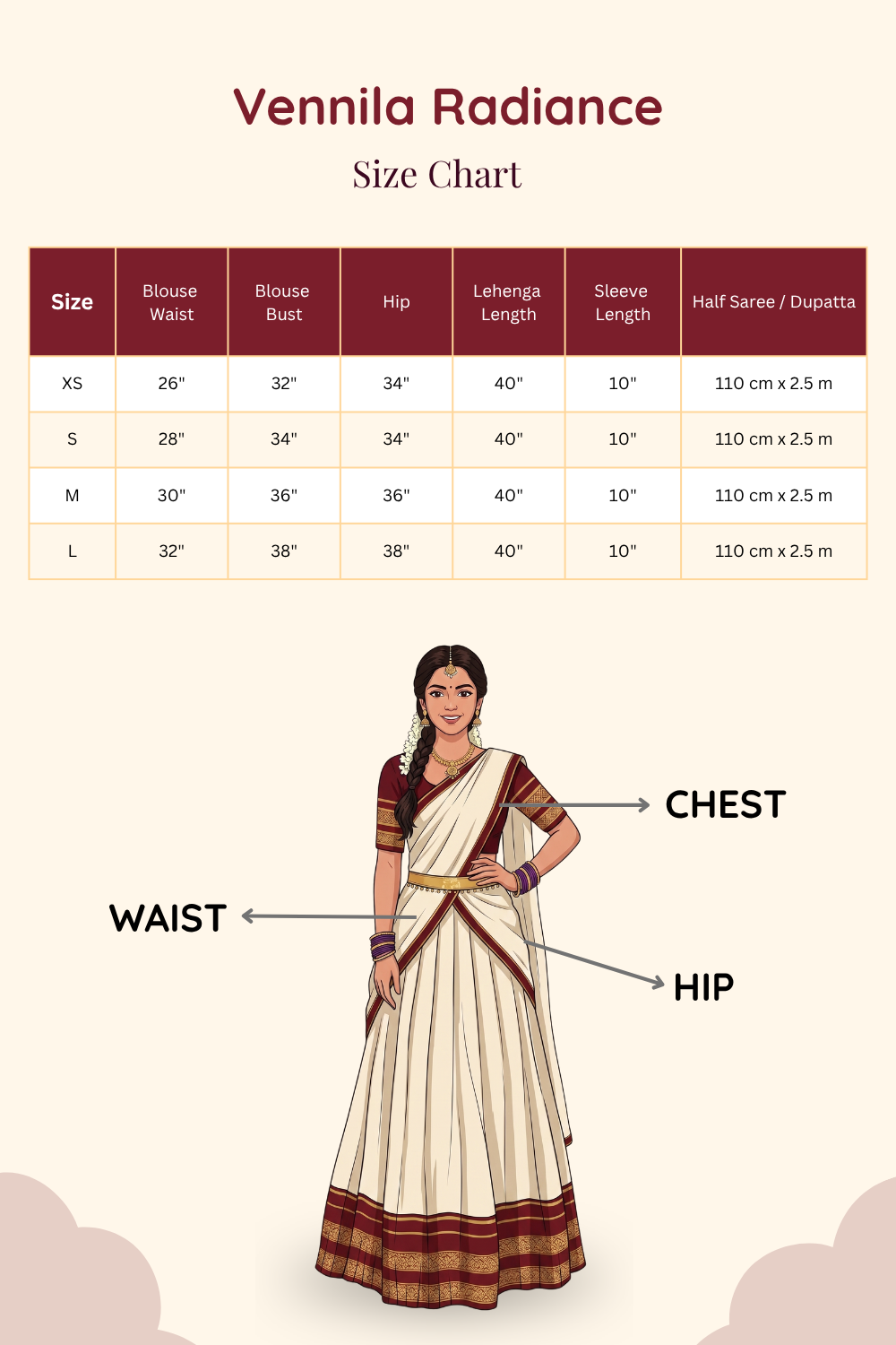 Detailed size chart and measurement guide for Vennila Radiance golden lehenga saree.