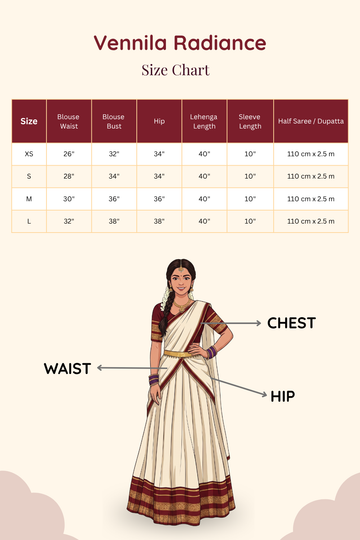Detailed size chart and measurement guide for Vennila Radiance golden lehenga saree.