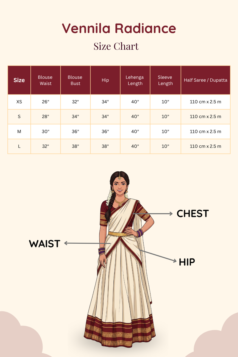 Detailed size chart and measurement guide for Vennila Radiance golden lehenga saree.