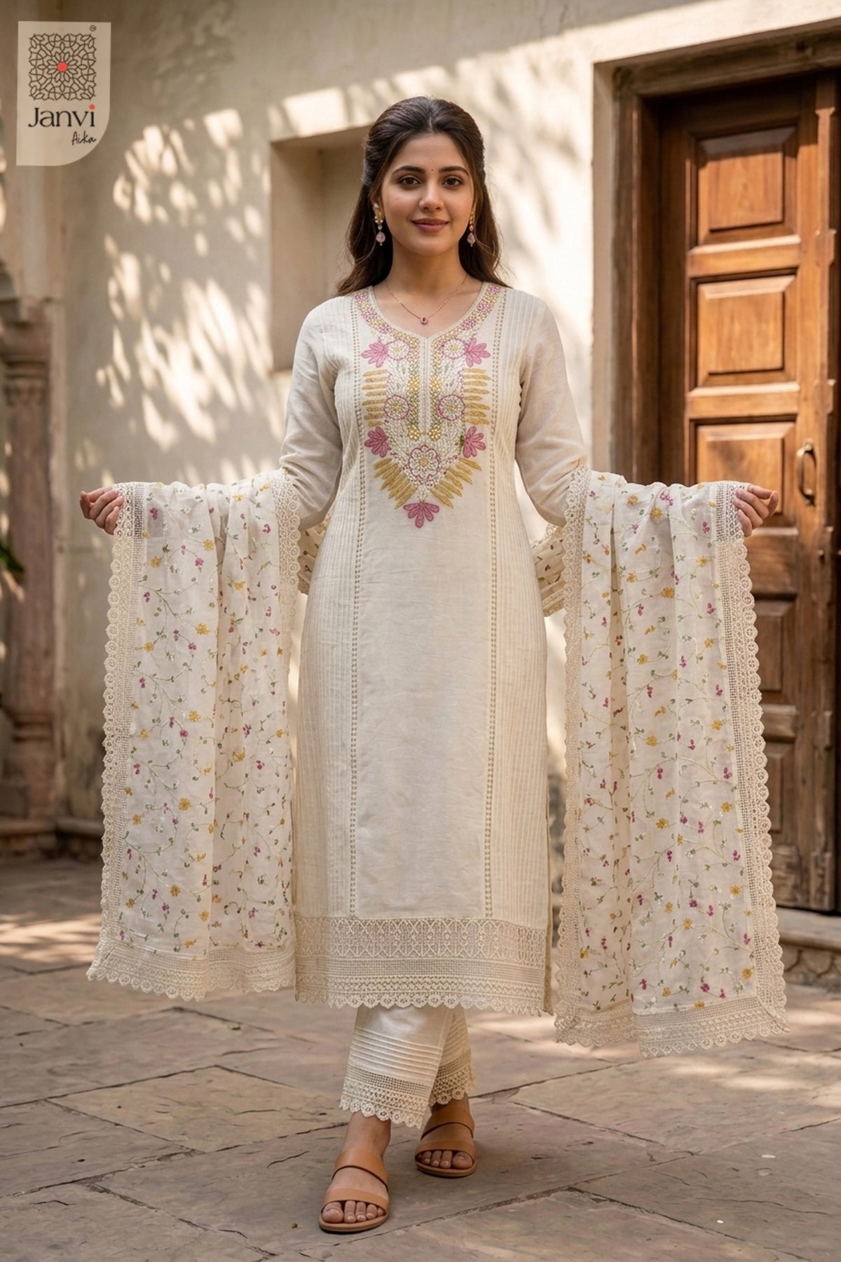 Full sequence pose holding open a floral lace dupatta in a half white anarkali kurta.