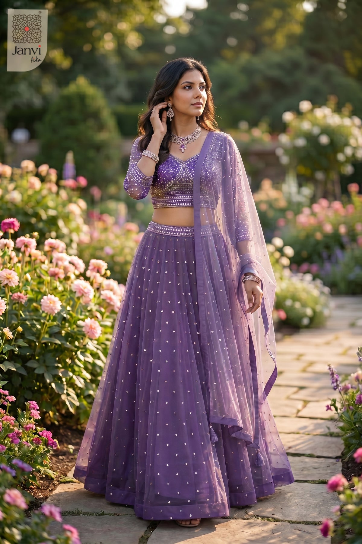 An exquisite gota work lehenga with standing side profile shot in a premium purple net design.