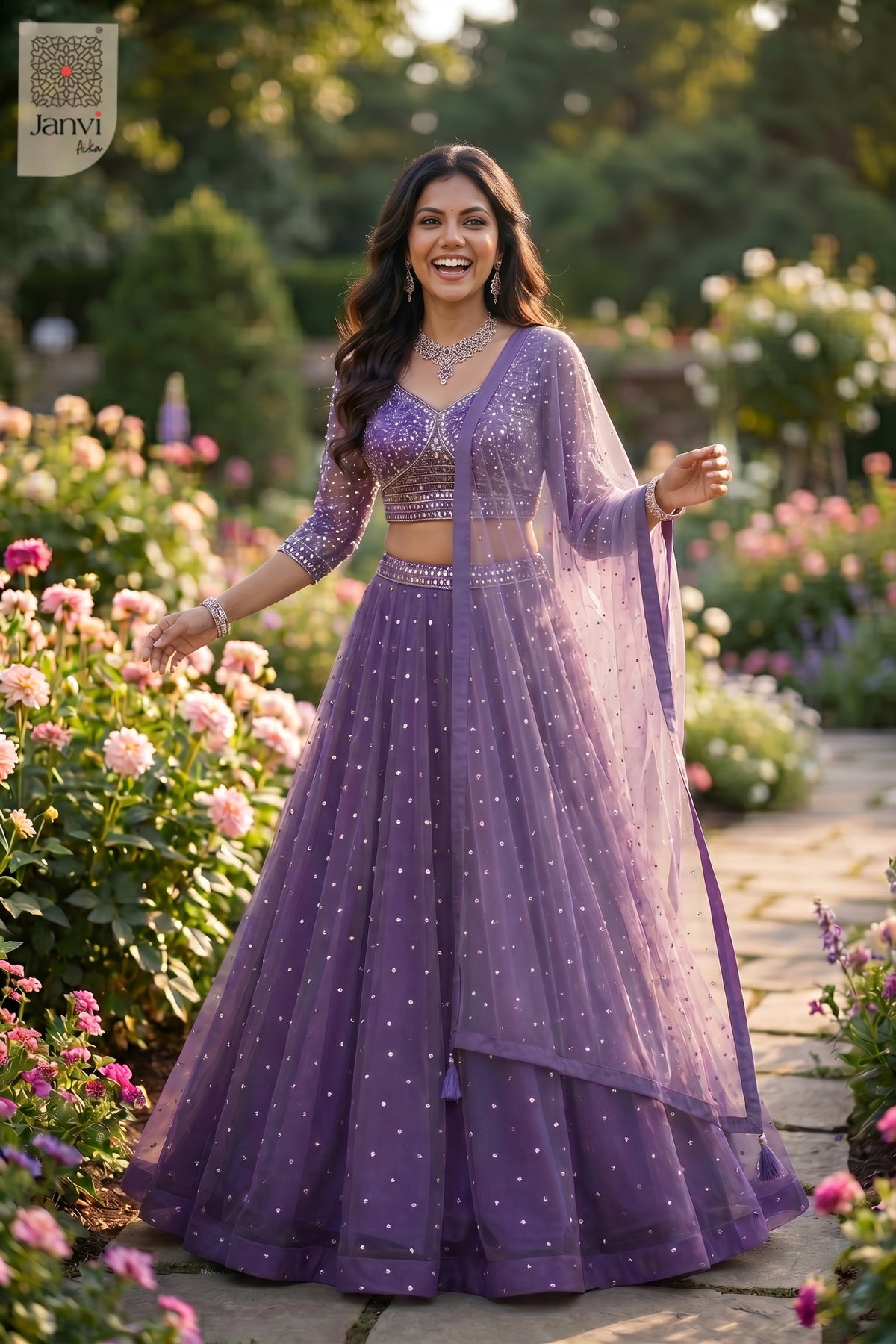 Elegant purple net purple designer lehenga featuring a detailed front full standing shot.