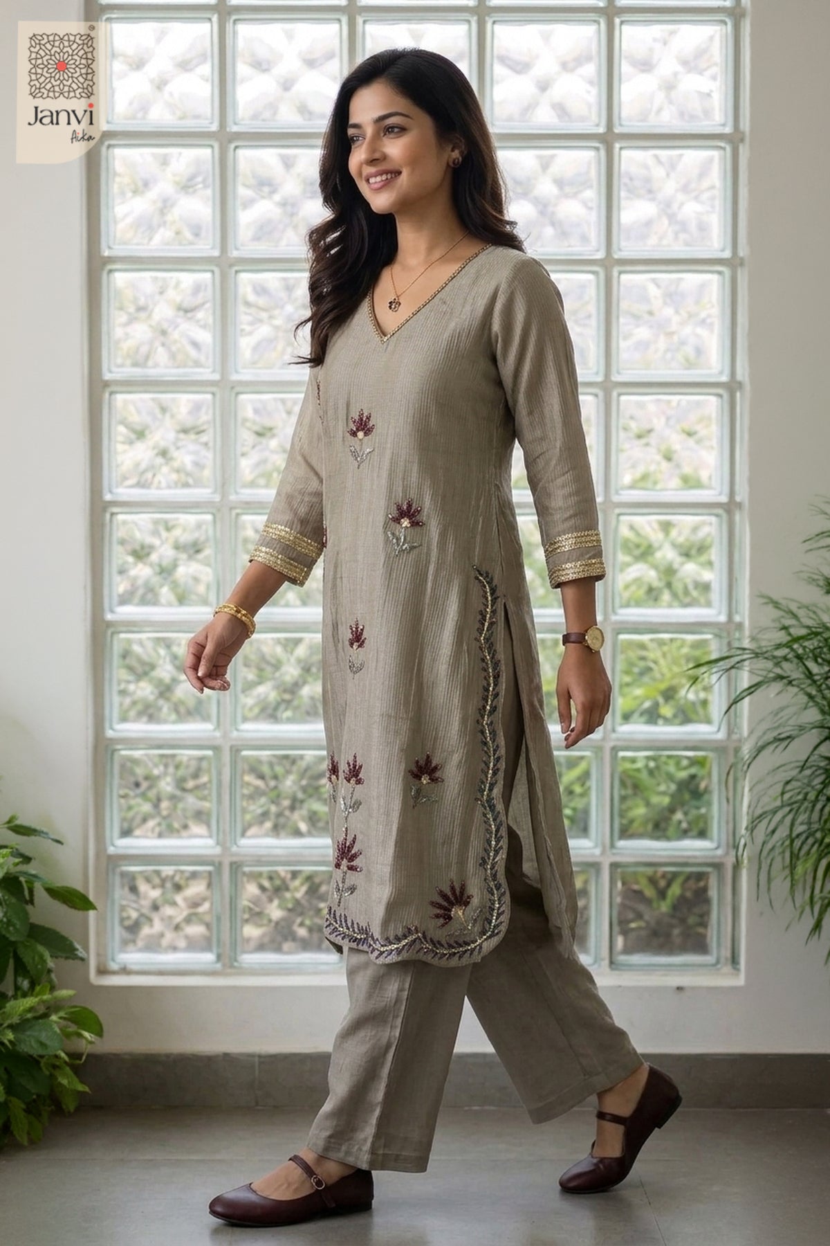 Front standing view smiling by glass blocks in a grayish blue silk churidar set.