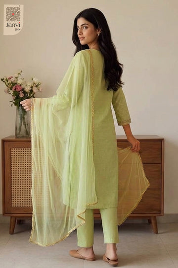 Rear view glancing over shoulder draping sheer scarf on a churidar sleeves kurti.