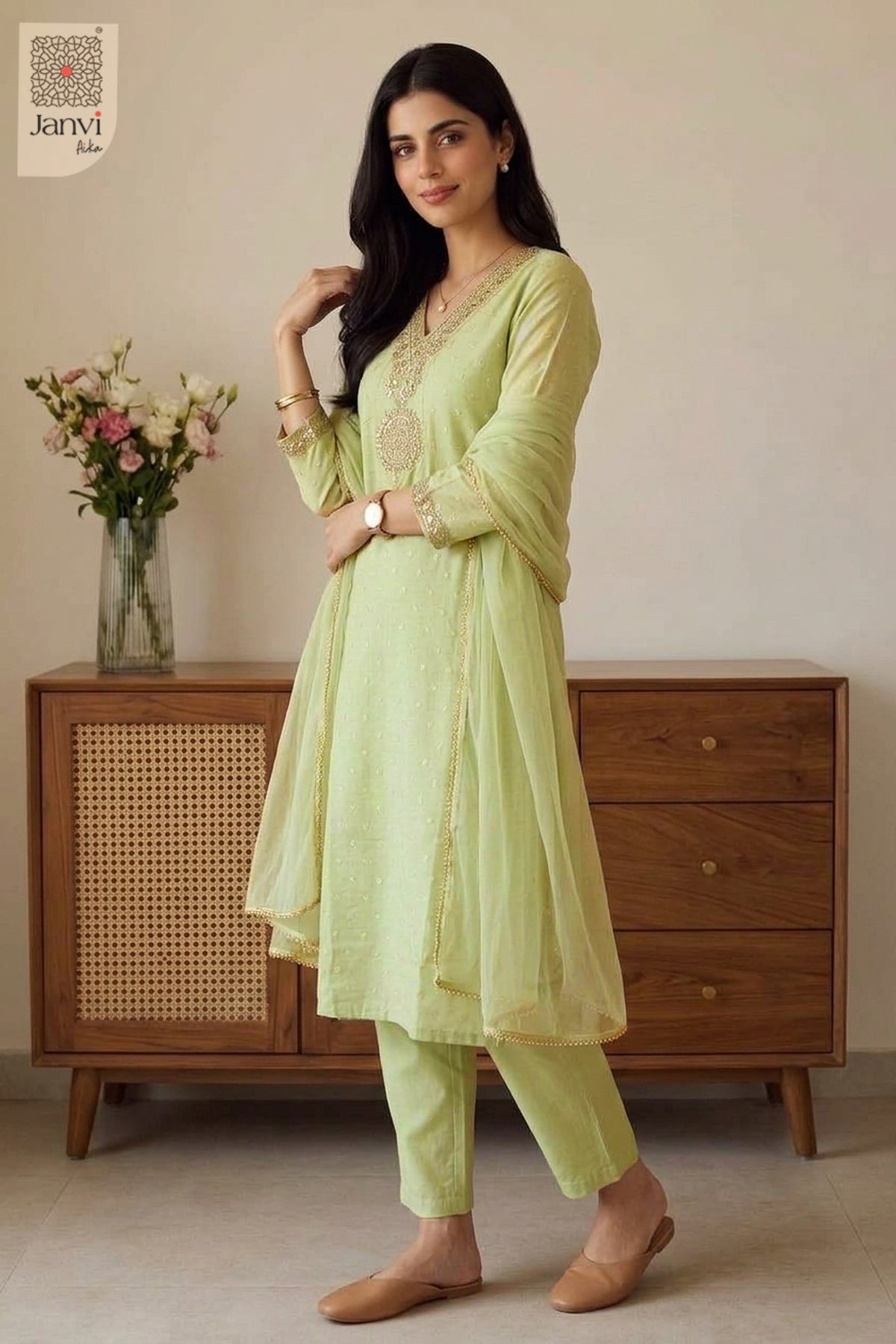 Three quarter standing pose resting hand on waist in a mint party wear churidar.