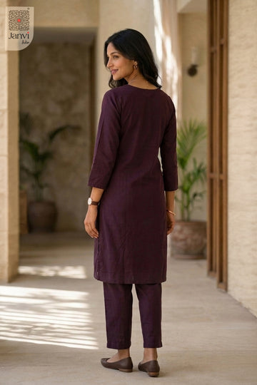 Back view of Wine Aura in wine mulmul cotton from the 2 piece outfits for ladies range.