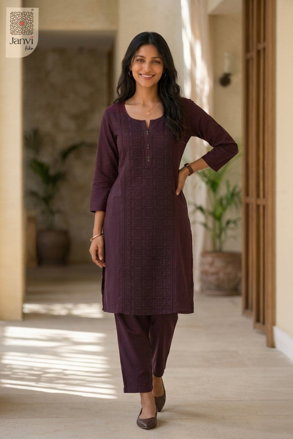 Full front view of Wine Aura from the 2 piece outfits for ladies range with straight matching pants.