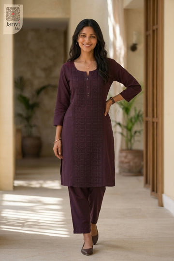 Full front view of Wine Aura from the 2 piece outfits for ladies range with straight matching pants.