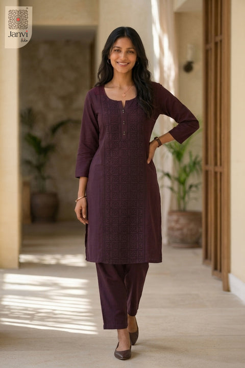 Full front view of Wine Aura from the 2 piece outfits for ladies range with straight matching pants.