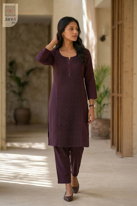 Front pose of Wine Aura in wine from the 2 piece outfits for ladies collection with elbow sleeves.
