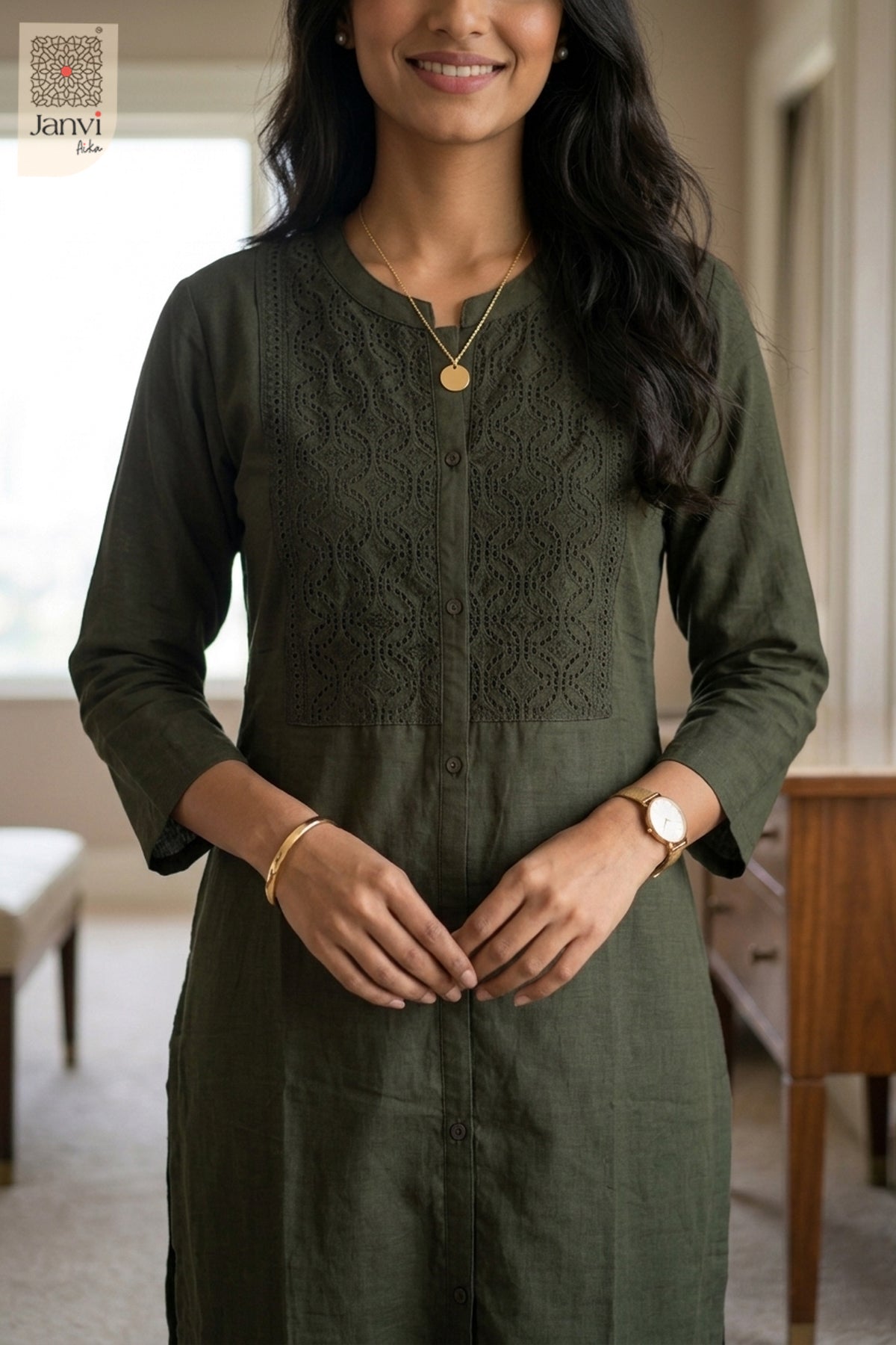Close-up of Woodland Whisper in the 2 piece outfits for ladies range with tonal embroidery.