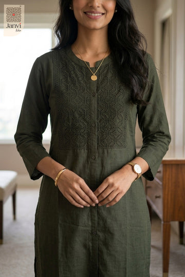 Close-up of Woodland Whisper in the 2 piece outfits for ladies range with tonal embroidery.