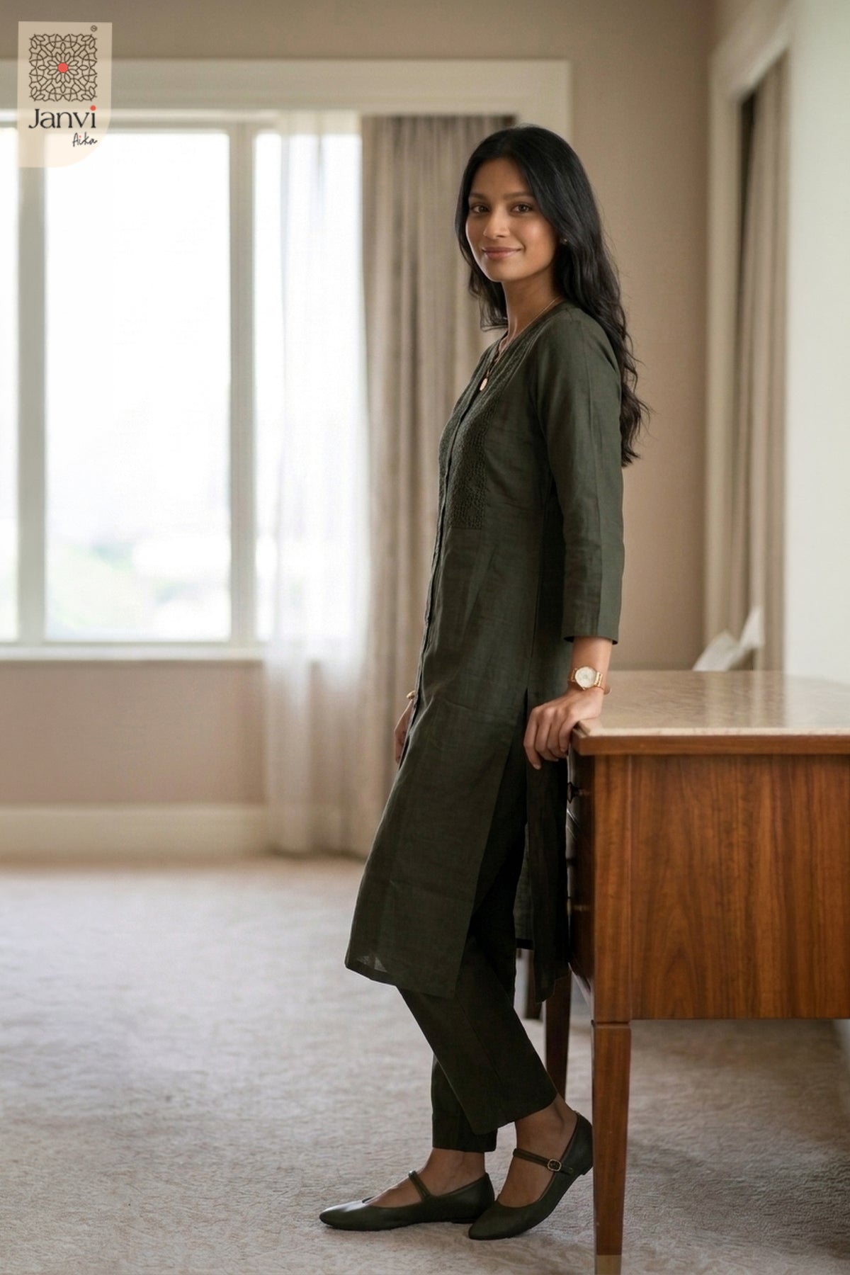 Full front pose of Woodland Whisper in olive green from the 2 piece outfits for ladies collection.