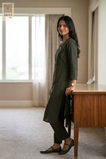 Full front pose of Woodland Whisper in olive green from the 2 piece outfits for ladies collection.