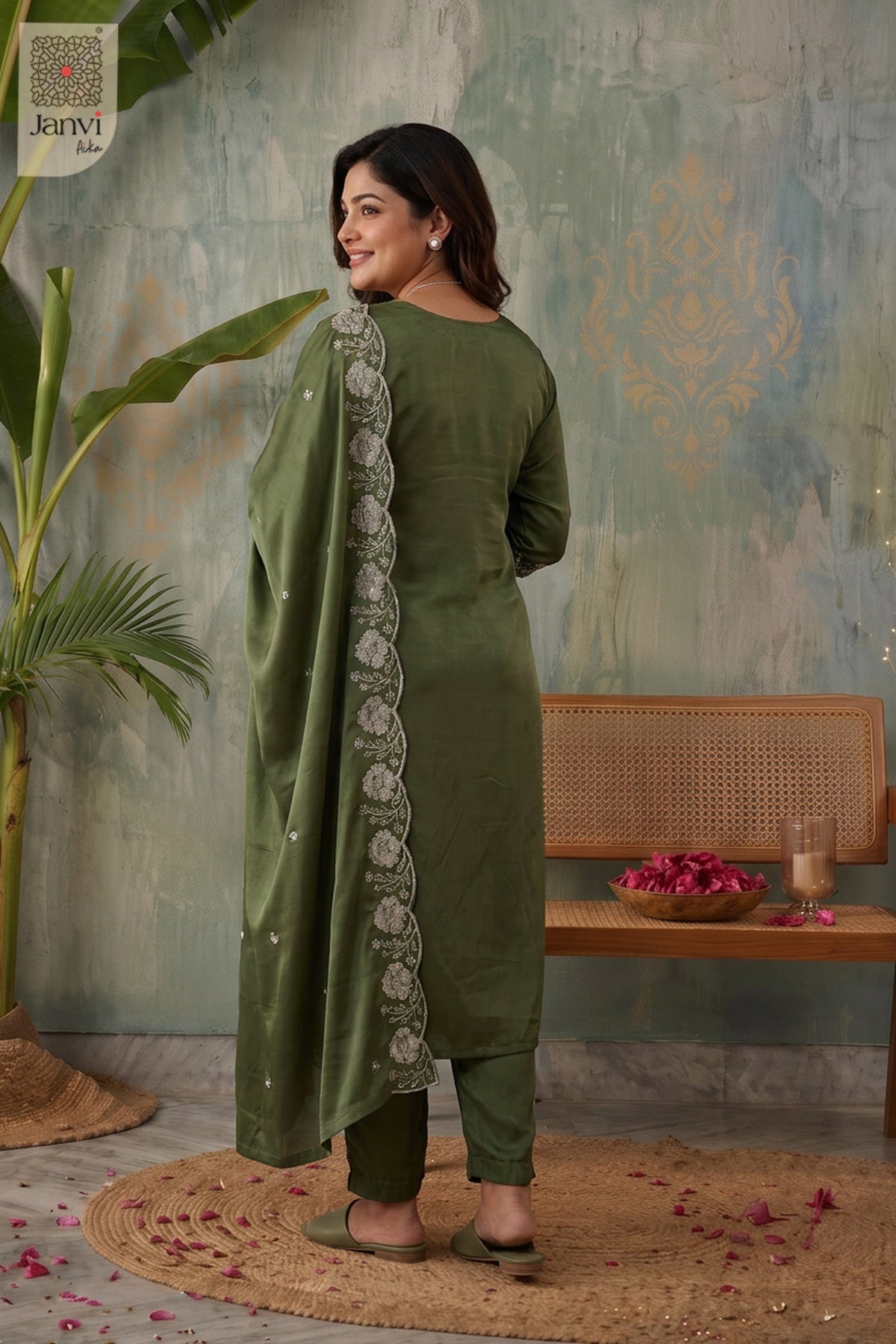 Woodland Green Pearl Vine Embroidered Round Neck Kurti