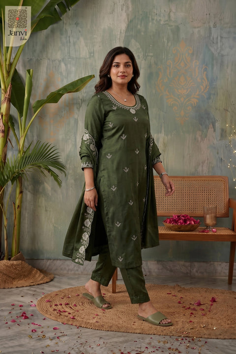 Woodland Green Pearl Vine Embroidered Round Neck Kurti