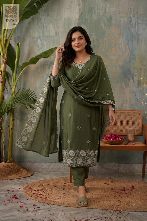 Woodland Green Pearl Vine Embroidered Round Neck Kurti