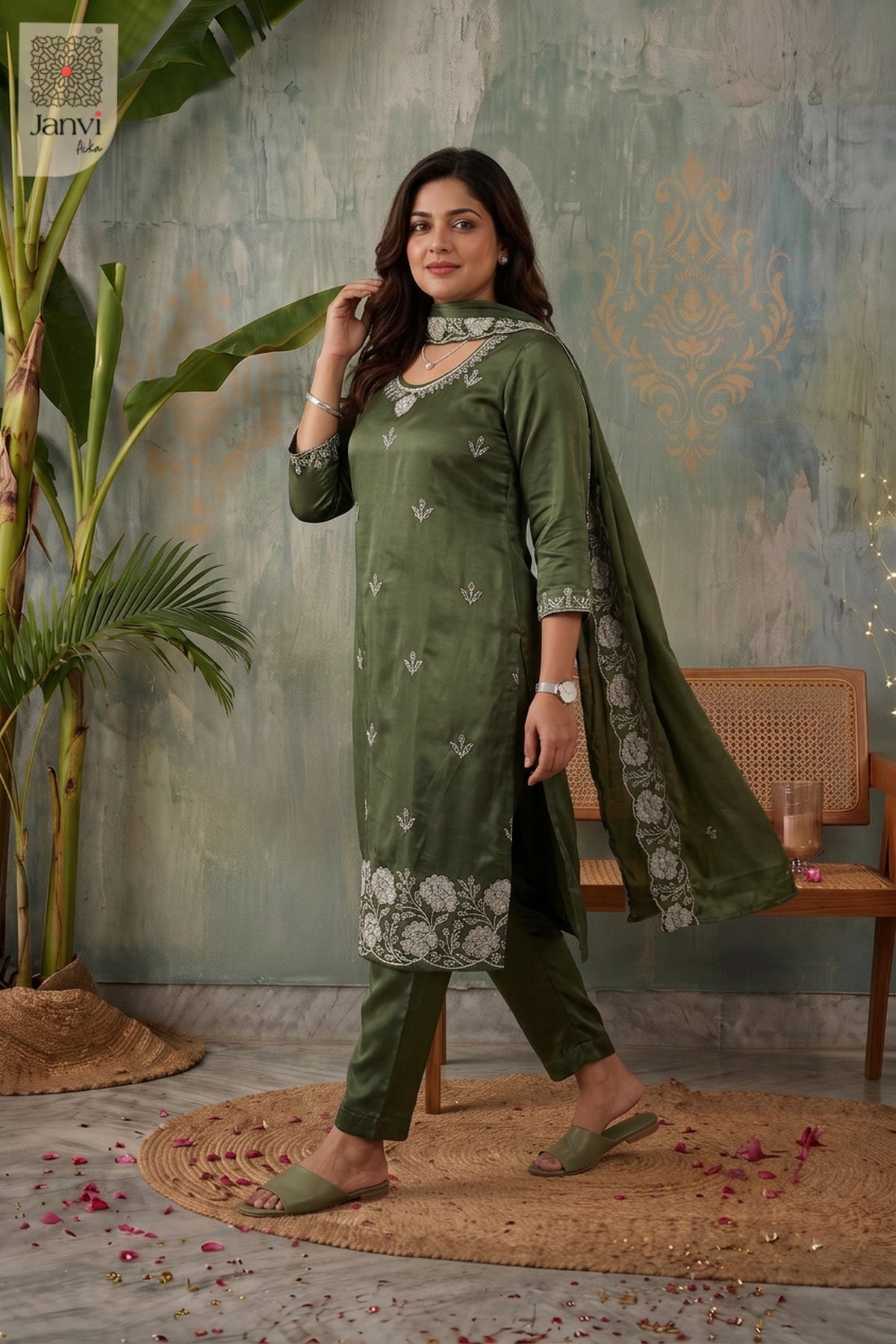 Woodland Green Pearl Vine Embroidered Round Neck Kurti