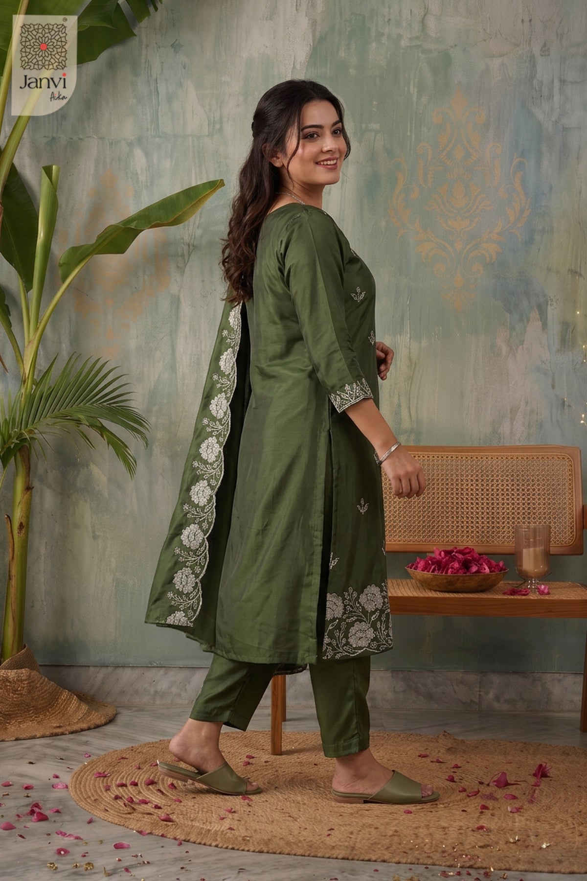 Woodland Green Pearl Vine Embroidered Round Neck Kurti