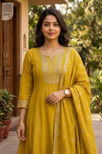 Front angled view of the flared silhouette of Yellow for casual birthday party outfits for ladies.