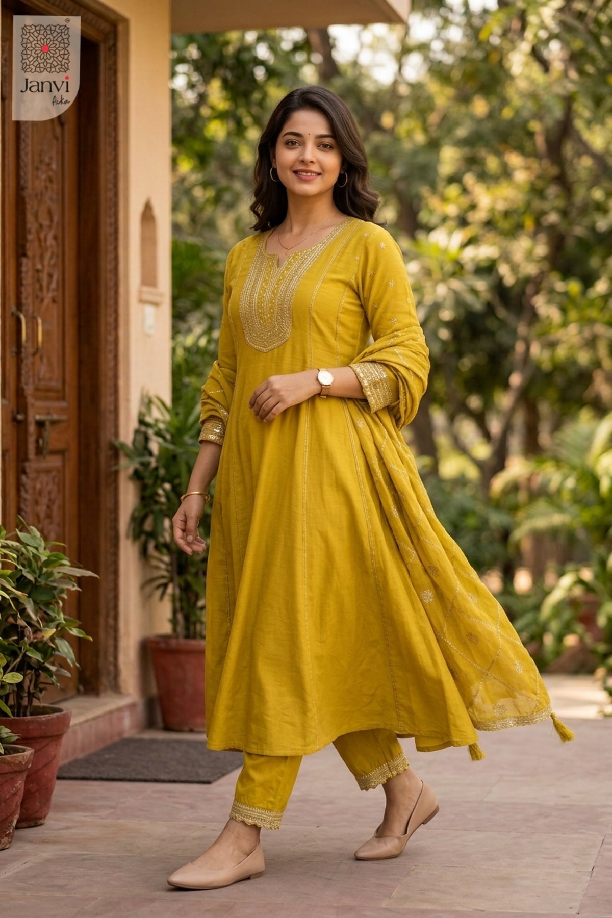 Waist-up front view of Yellow Yashna presenting style for women's party dresses online shopping.