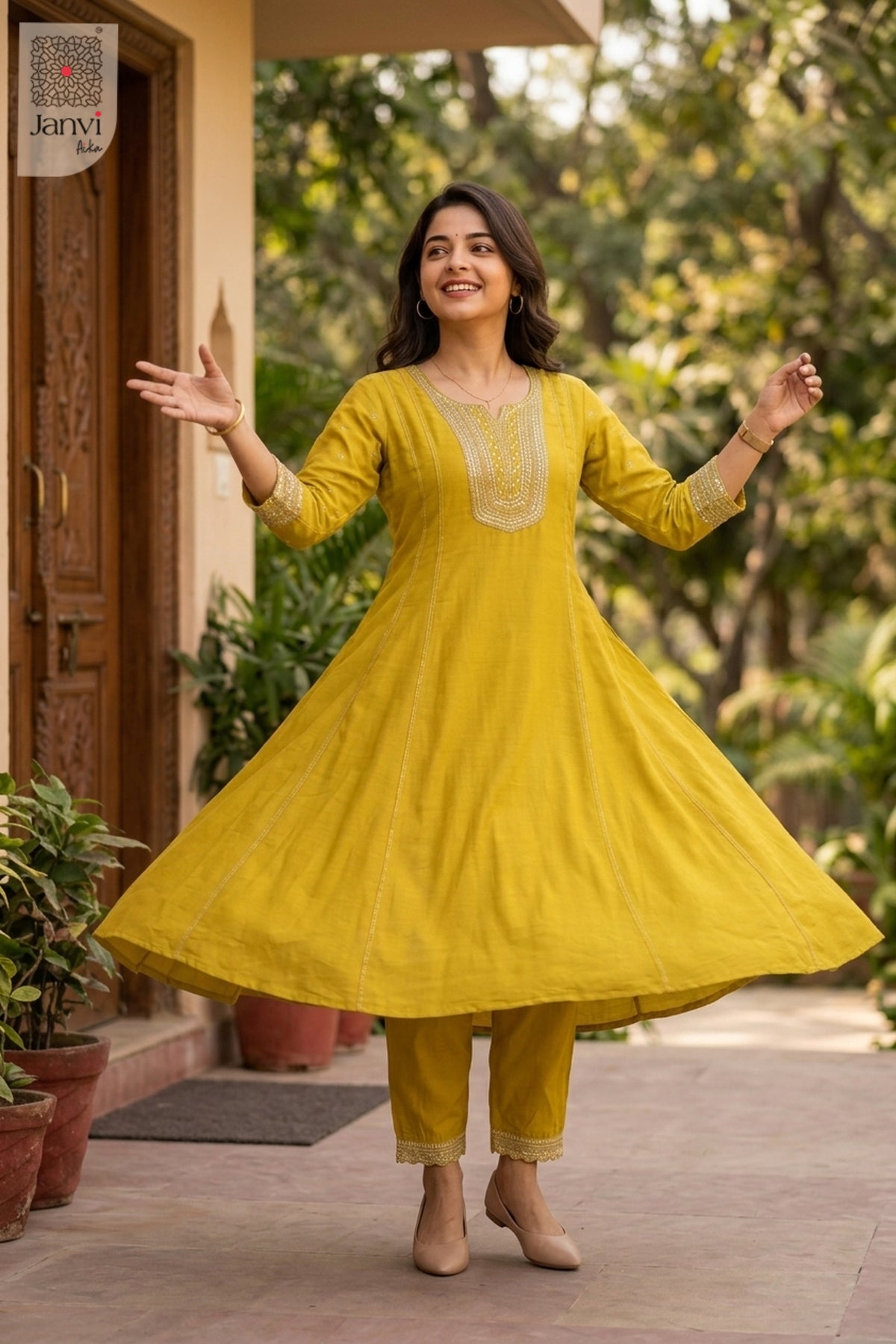 Close-up of bodice and embroidery of Yellow Yashna for plus size formal wear for women.