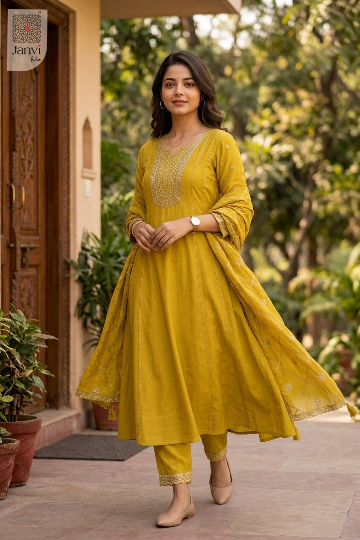 Side profile view of Yellow Yashna showcasing design for indo western dresses for female.