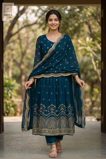 Waist-up front view of Zarafshan Midnight presenting style for designer dress for women party wear.