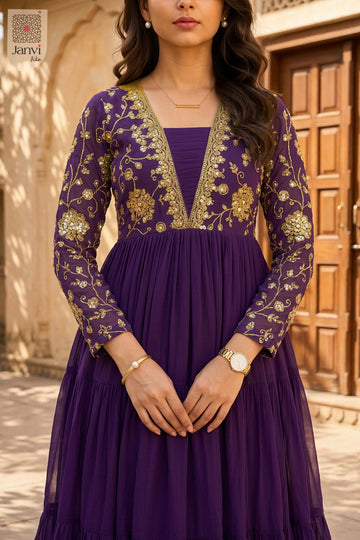 Back view showing neckline styling of Zareen Amethyst for formal western dresses for ladies.