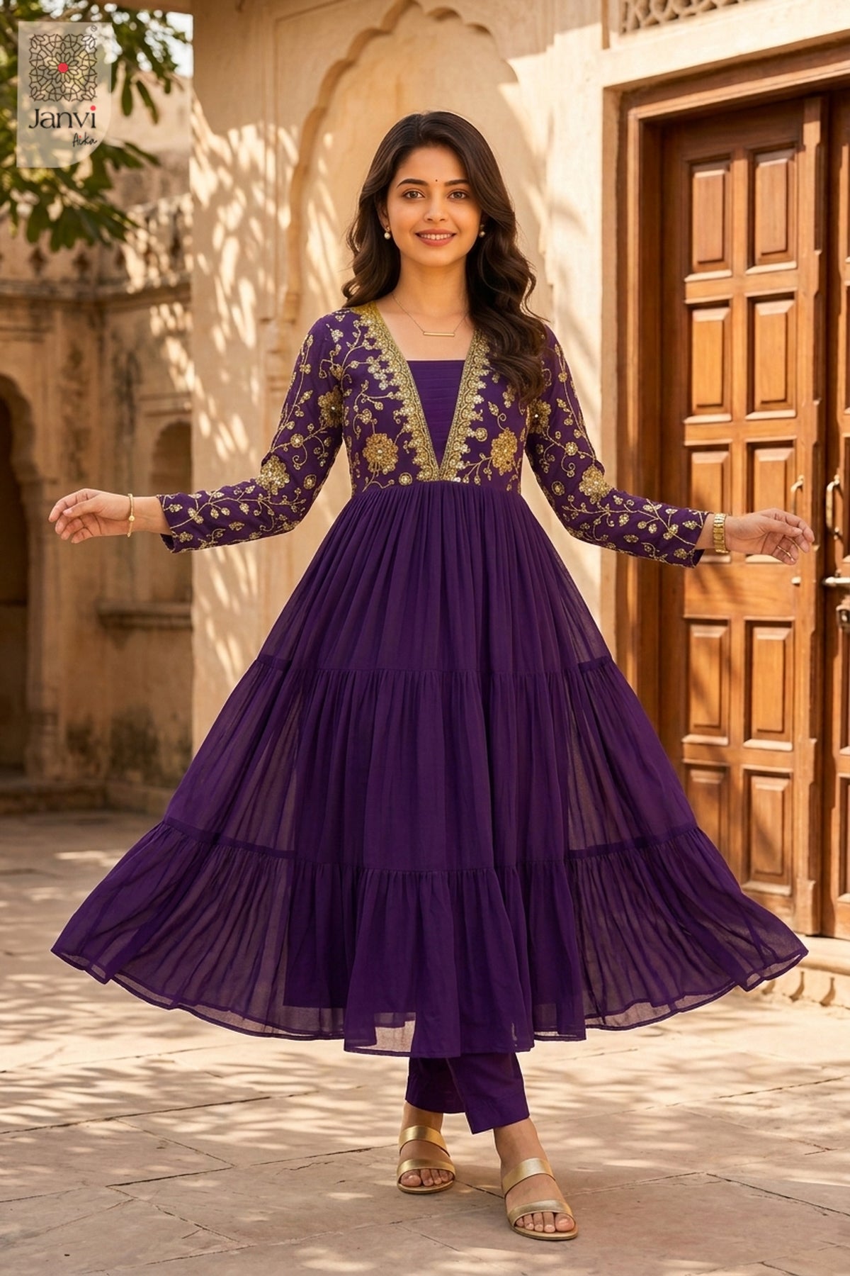 Front full view of Zareen Amethyst showcasing style for indo western party wear for ladies.