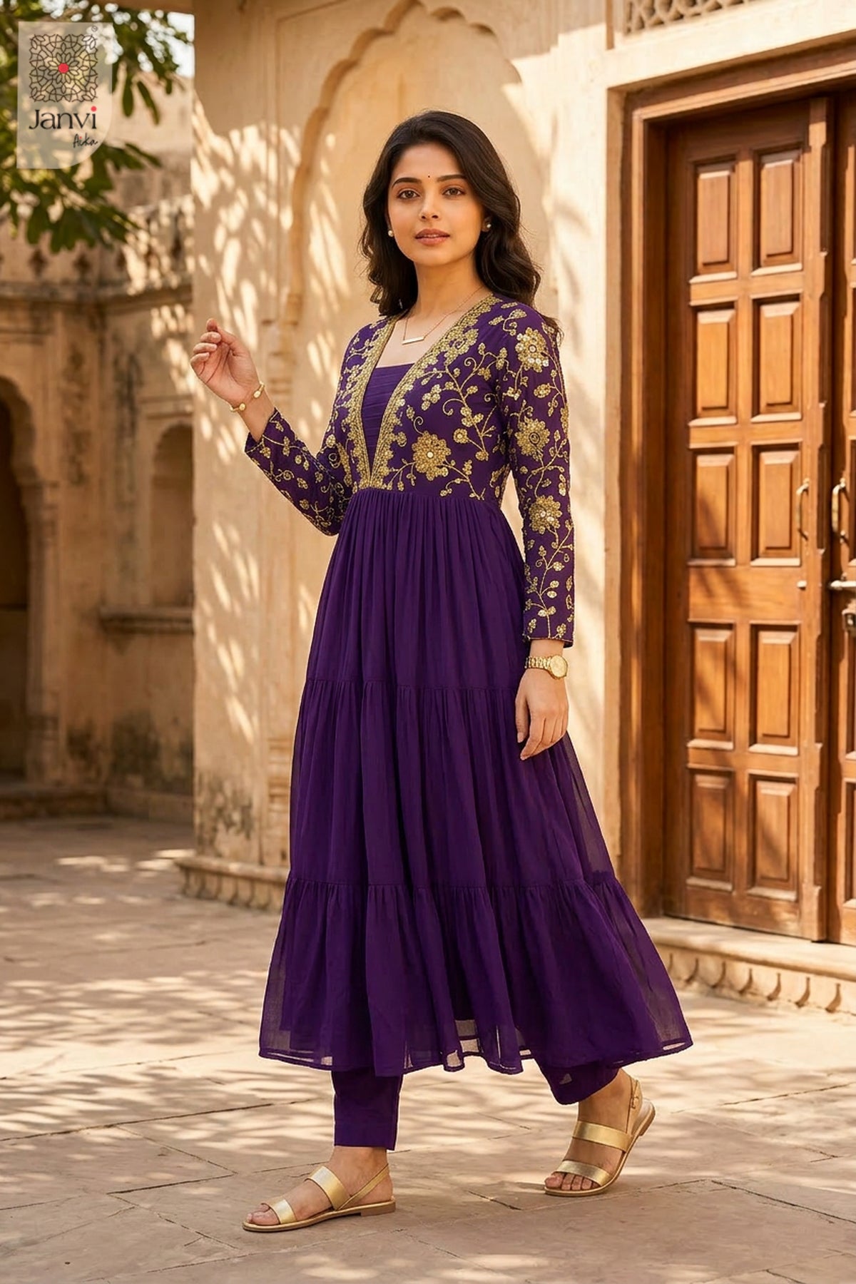 Front angled view of the flared silhouette of Zareen Amethyst for christmas party dresses for women.