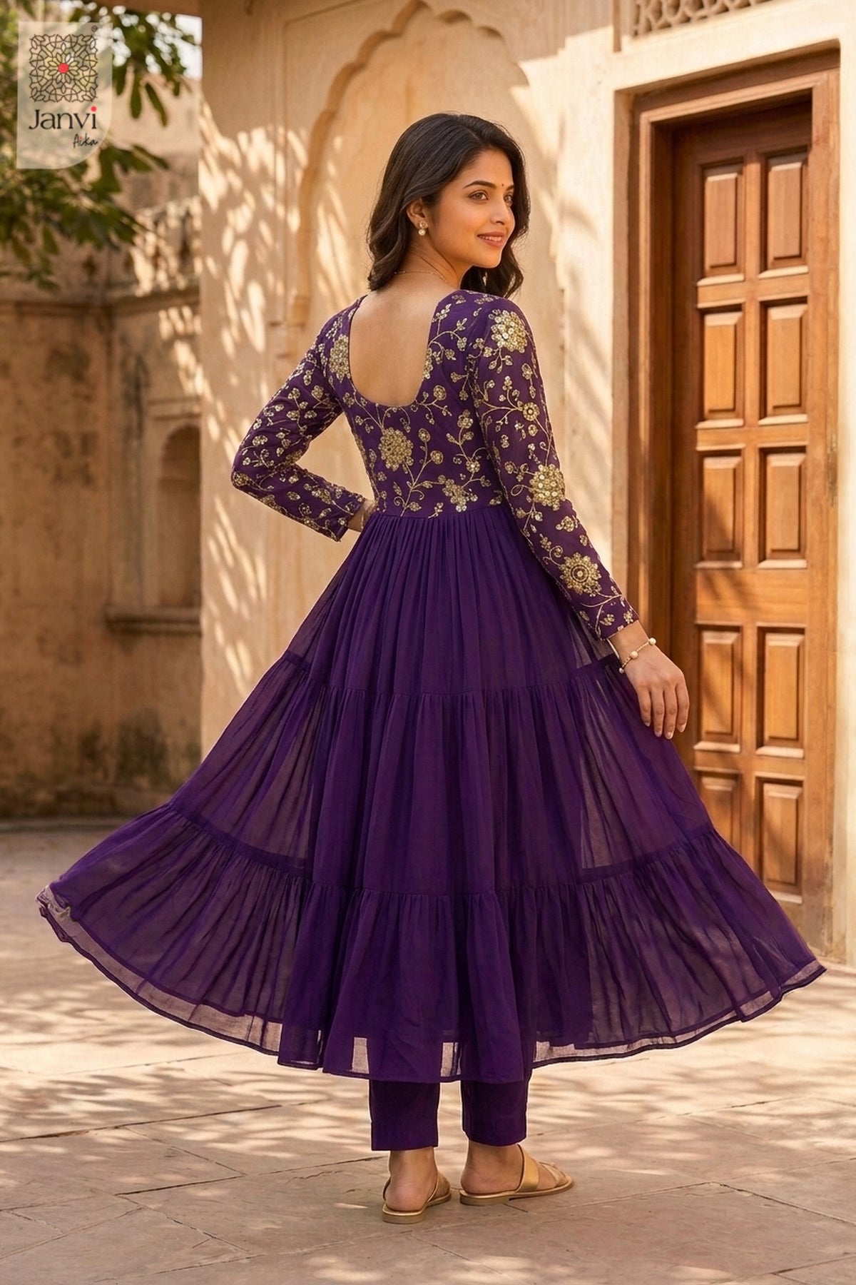 Close-up of bodice and embroidery of Zareen Amethyst for beautiful party dresses for ladies.