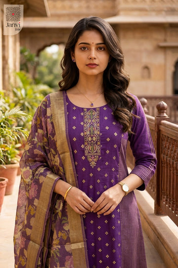 Front angled view of the flared silhouette of Zari Violet for readymade party wear suits online.