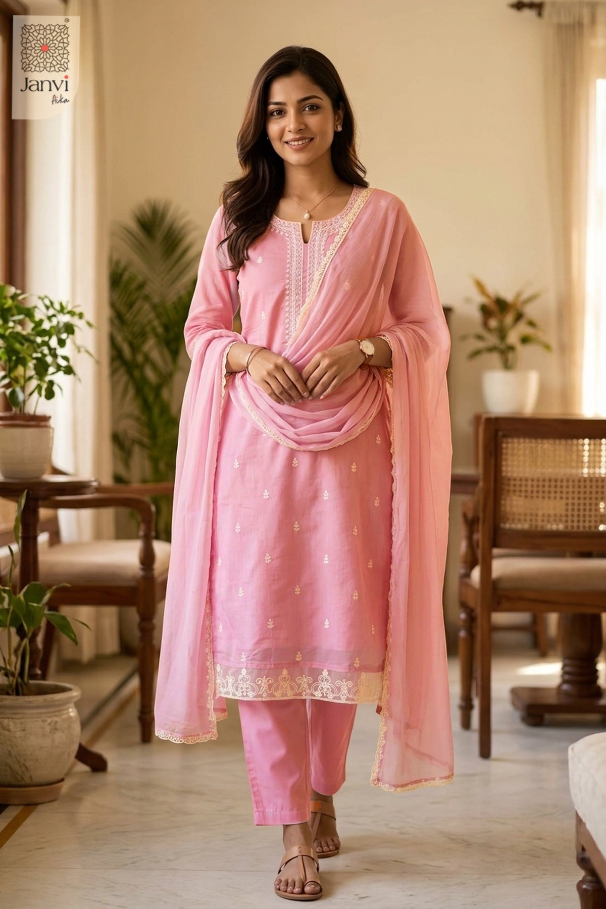 Front standing pose showcasing symmetrical drape of a pink churidar set with dupatta.