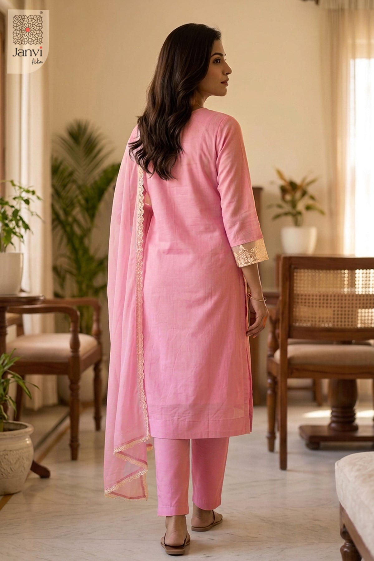 Indoor rear view showing back tailoring and dupatta of a churidar sleeves kurti.