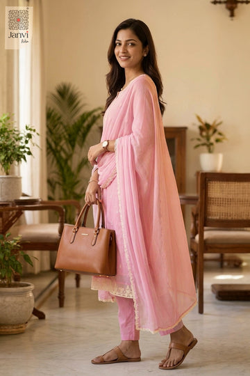 Three quarter side profile pose smiling indoors wearing a festive pink chudidar set.