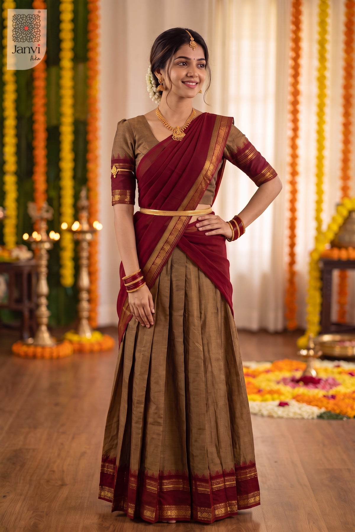 Full length view of a festive bronze and maroon half saree lehenga in onam decor.