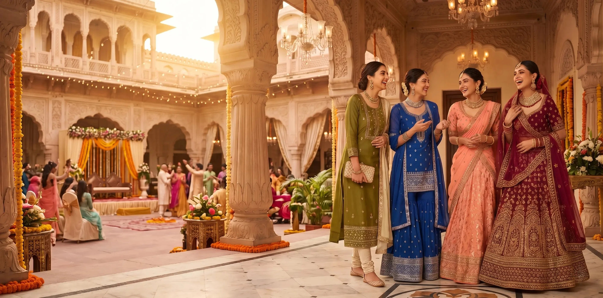 Women in sharara sets, peach lehenga and maroon bridal lehenga at a wedding