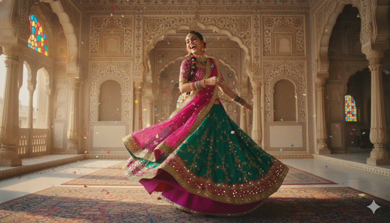 Woman in traditional Indian attire dancing in an ornate room with stained glass windows.